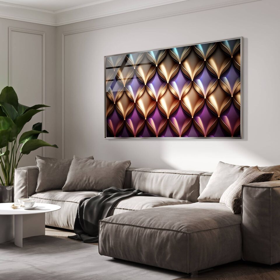 Mor ve Altın Geometrik Desenli Modern Cam Tablo | CF0850