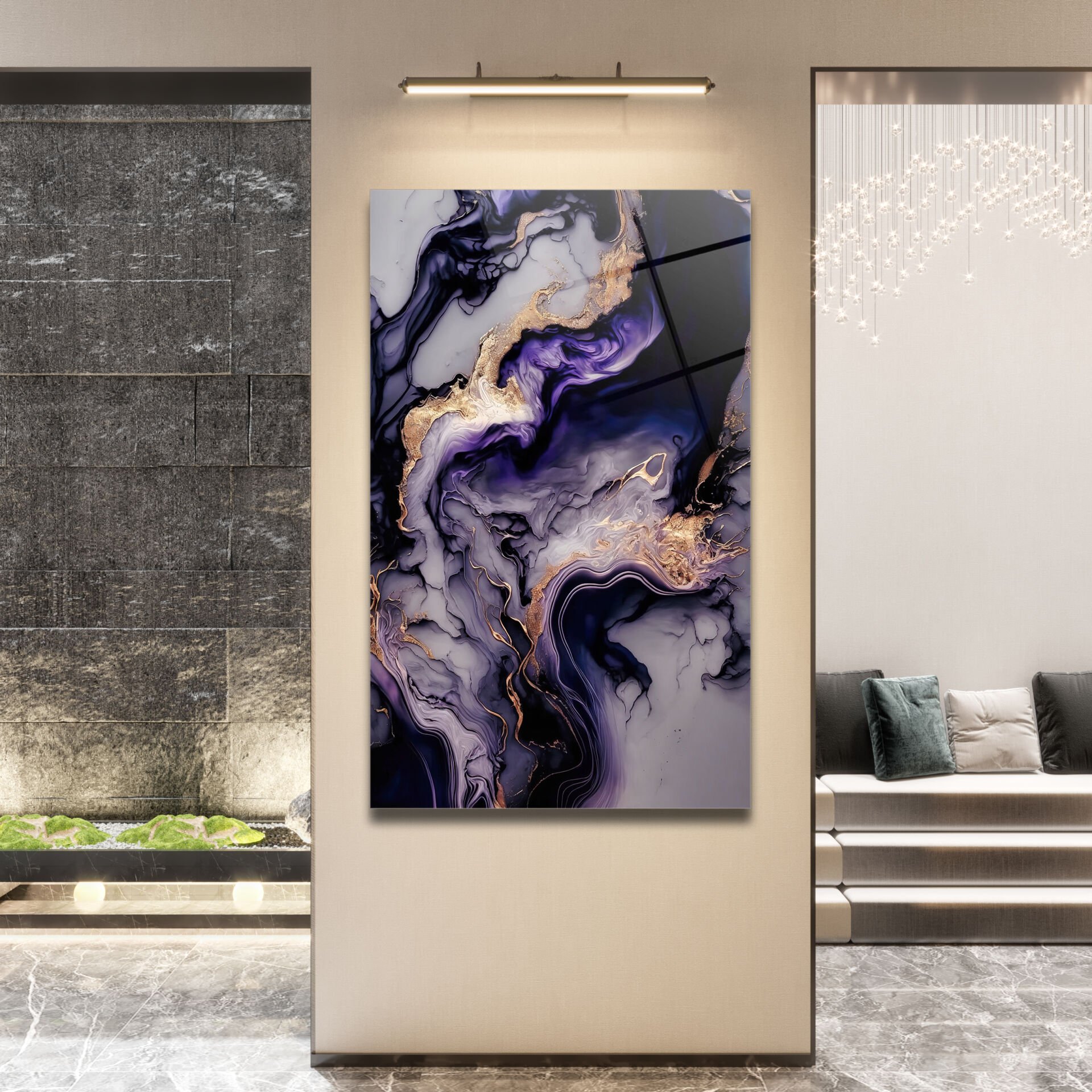 Abstrakt  Lila Mermer Desenli Cam Tablo – Modern Sanat Dokunuşu | CF0170