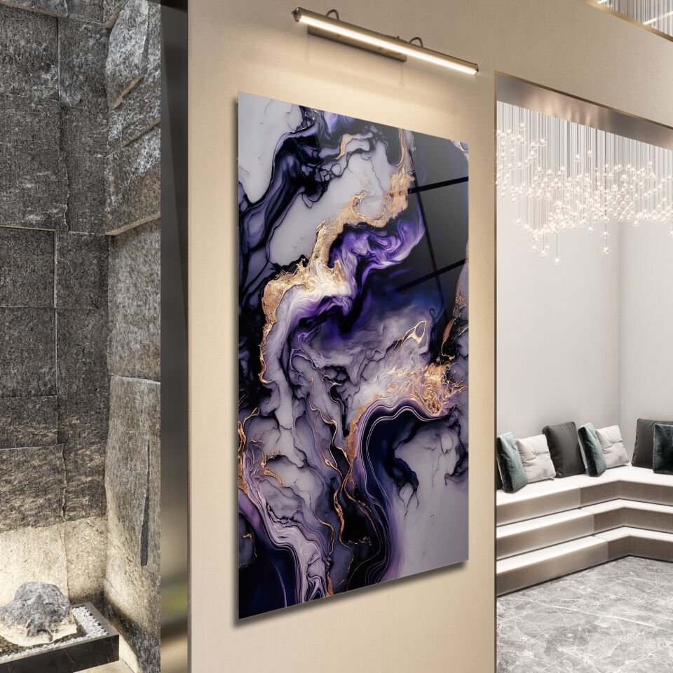 Abstrakt  Lila Mermer Desenli Cam Tablo – Modern Sanat Dokunuşu | CF0170