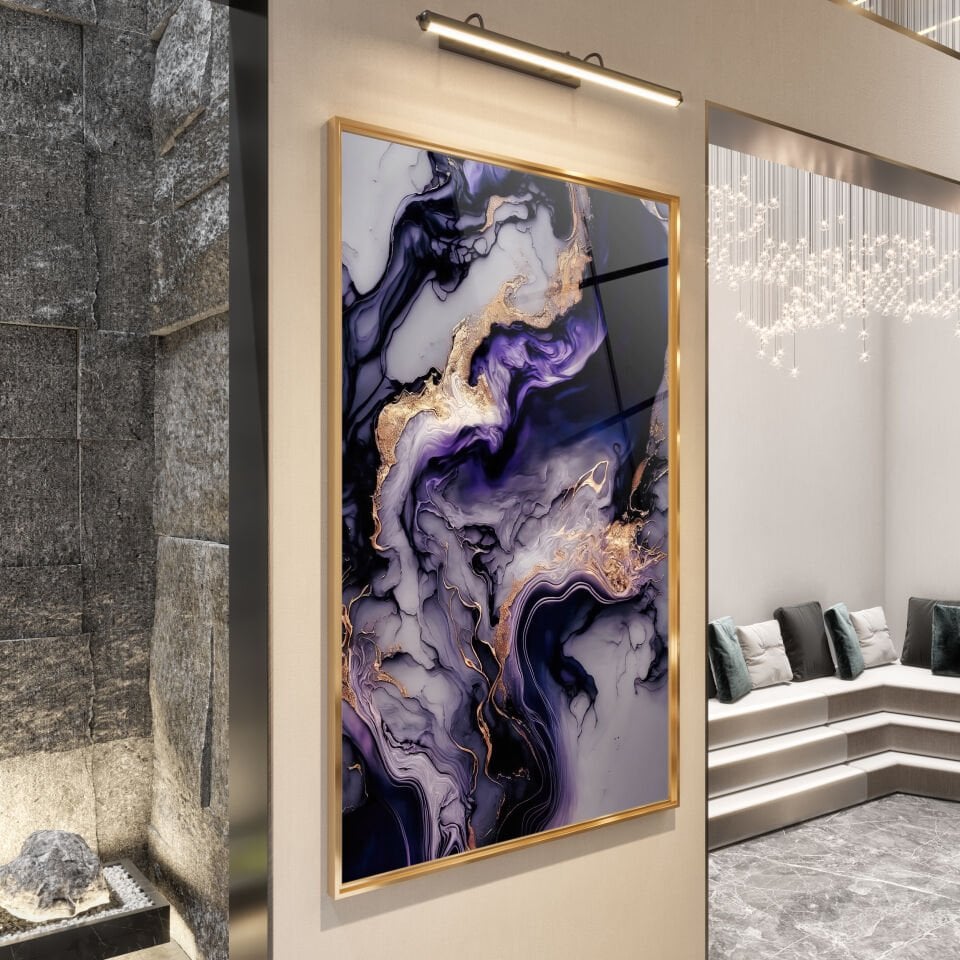 Abstrakt  Lila Mermer Desenli Cam Tablo – Modern Sanat Dokunuşu | CF0170