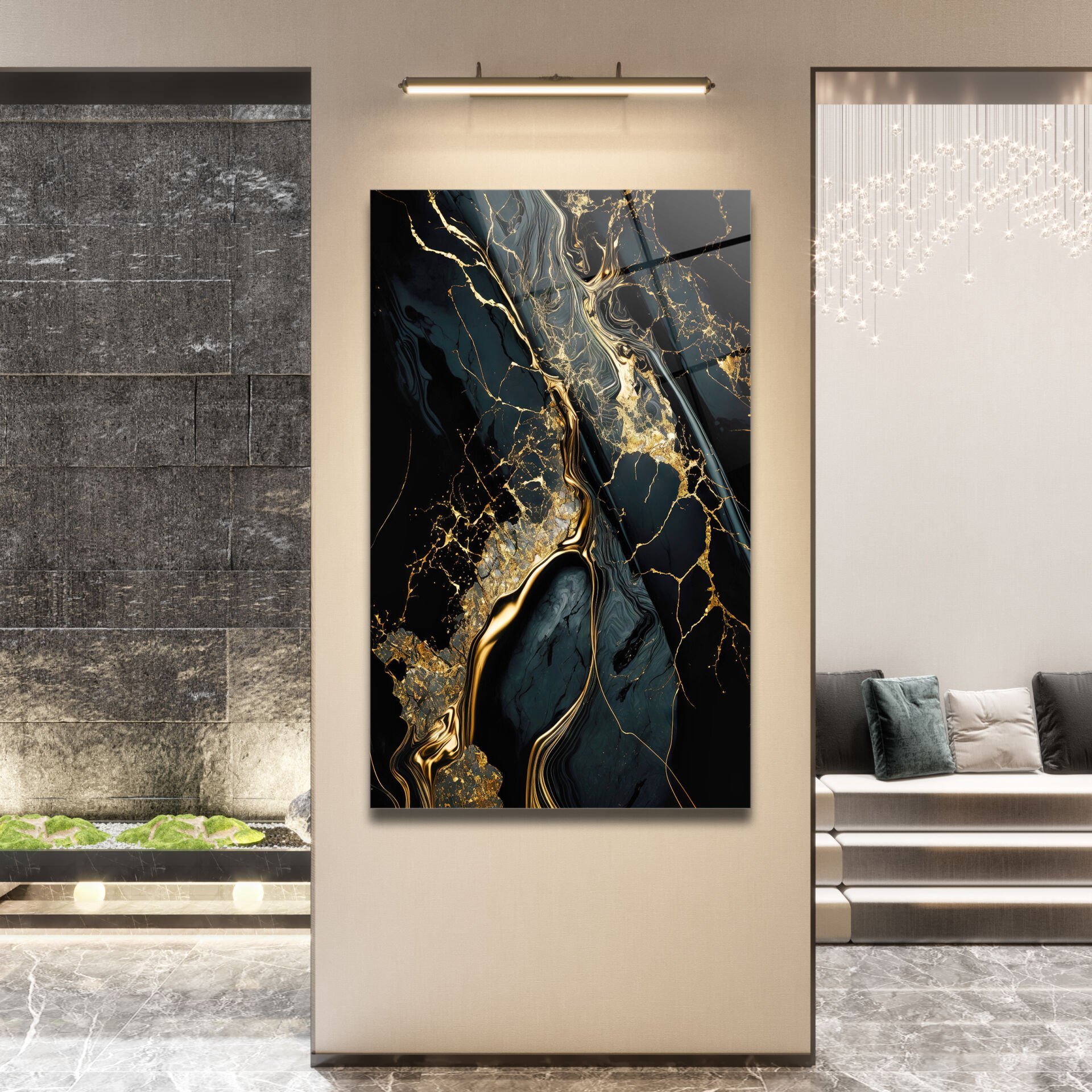 Abstrakt Altın Mermer Desenli Siyah Cam Tablo – Modern Sanat Dokunuşu | CF0171