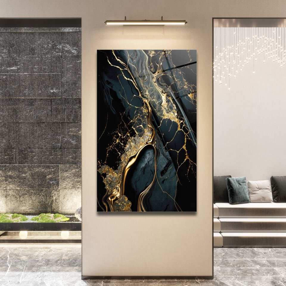 Abstrakt Altın Mermer Desenli Siyah Cam Tablo – Modern Sanat Dokunuşu | CF0171