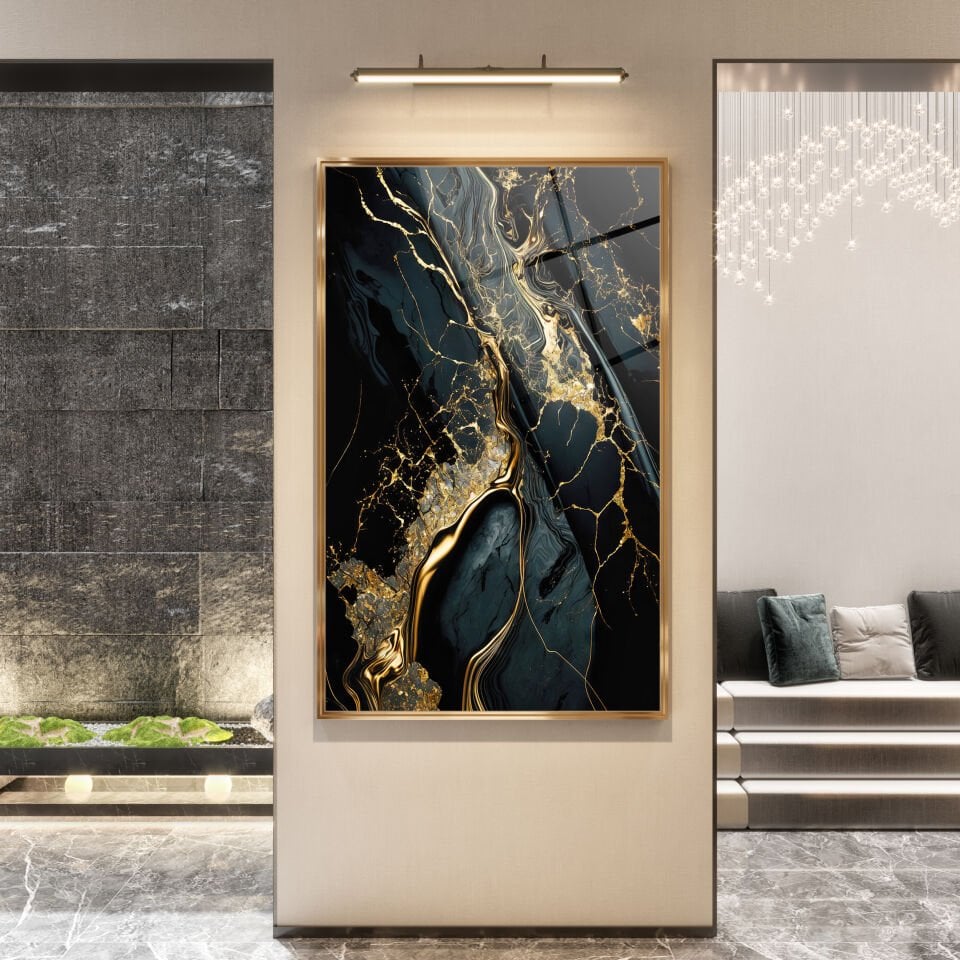 Abstrakt Altın Mermer Desenli Siyah Cam Tablo – Modern Sanat Dokunuşu | CF0171