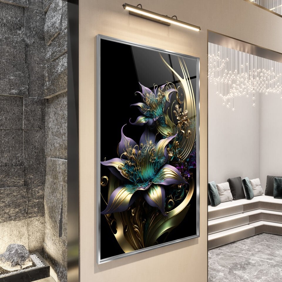 3D Çiçek Desenli Modern Cam Tablo – Zarafetin Sanatla Buluştuğu An | CF1130