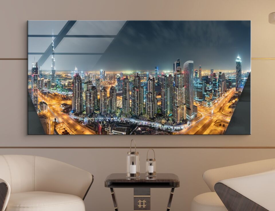 Dubai Gece Manzaralı Tablo – Işıltılı Şehir Silueti ile Modern Dekor | CF0614