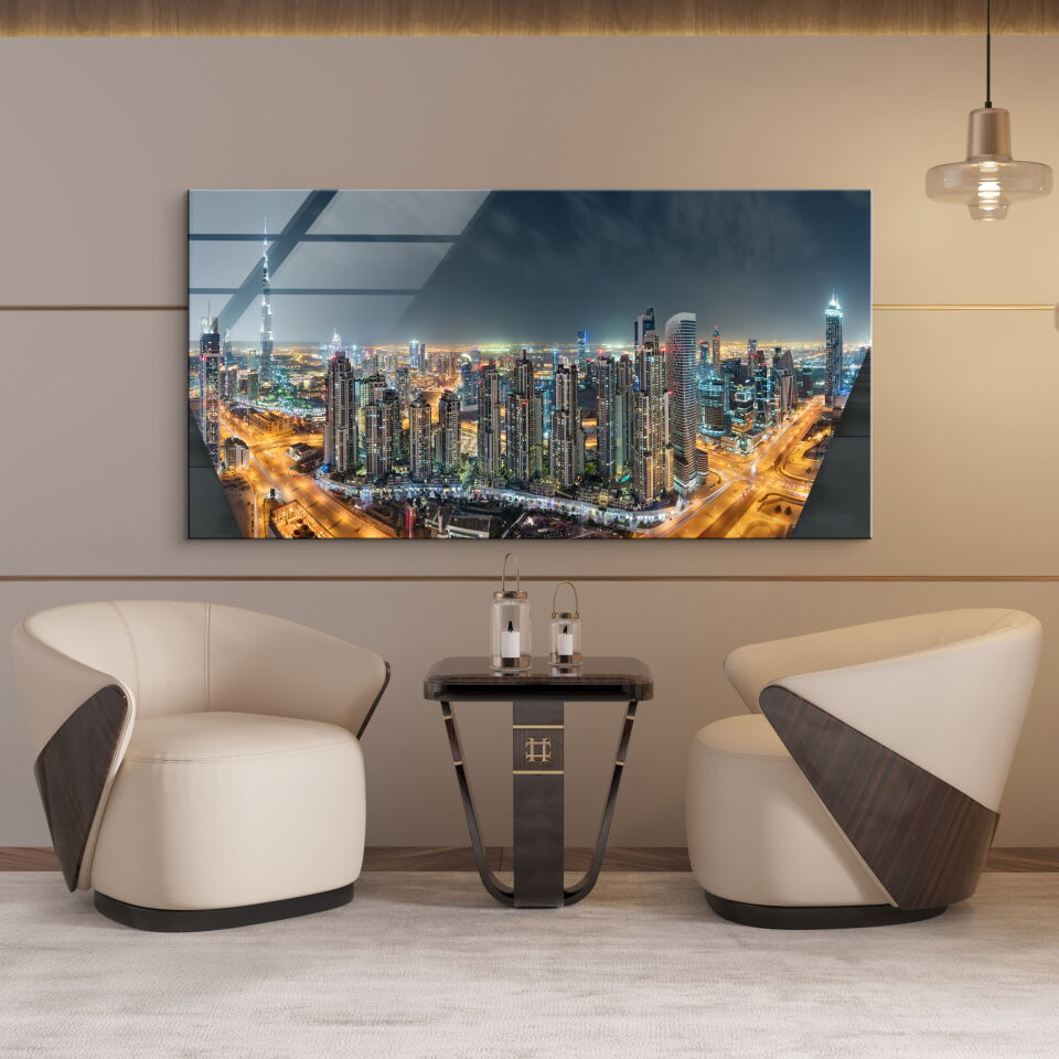Dubai Gece Manzaralı Tablo – Işıltılı Şehir Silueti ile Modern Dekor | CF0614