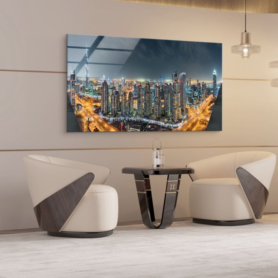 Dubai Gece Manzaralı Tablo – Işıltılı Şehir Silueti ile Modern Dekor | CF0614