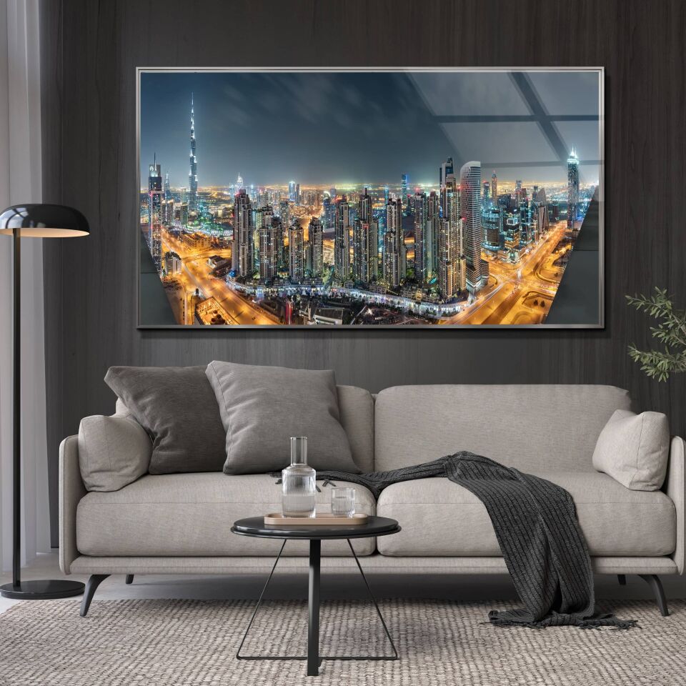 Dubai Gece Manzaralı Tablo – Işıltılı Şehir Silueti ile Modern Dekor | CF0614