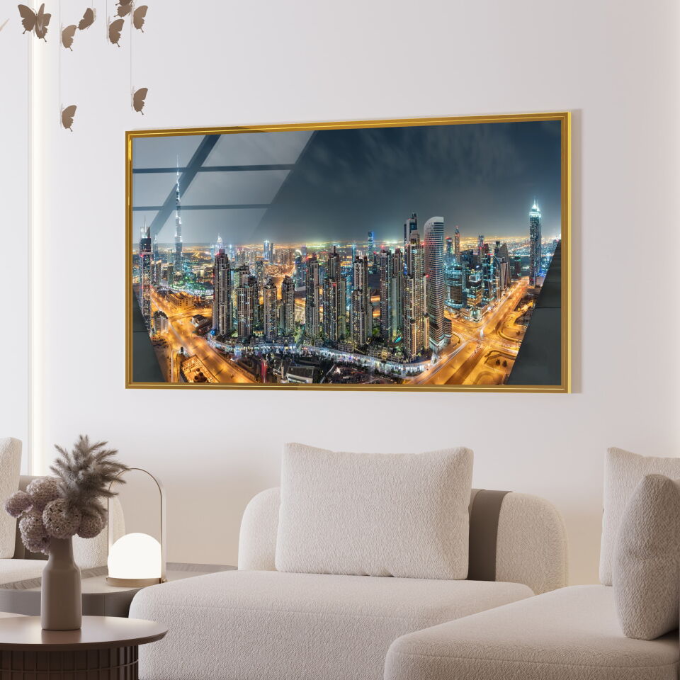 Dubai Gece Manzaralı Tablo – Işıltılı Şehir Silueti ile Modern Dekor | CF0614
