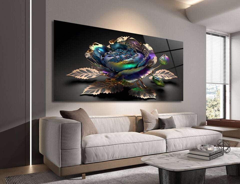 3D Altın ve Renkli Çiçek Desenli Modern Cam Tablo | CF0367