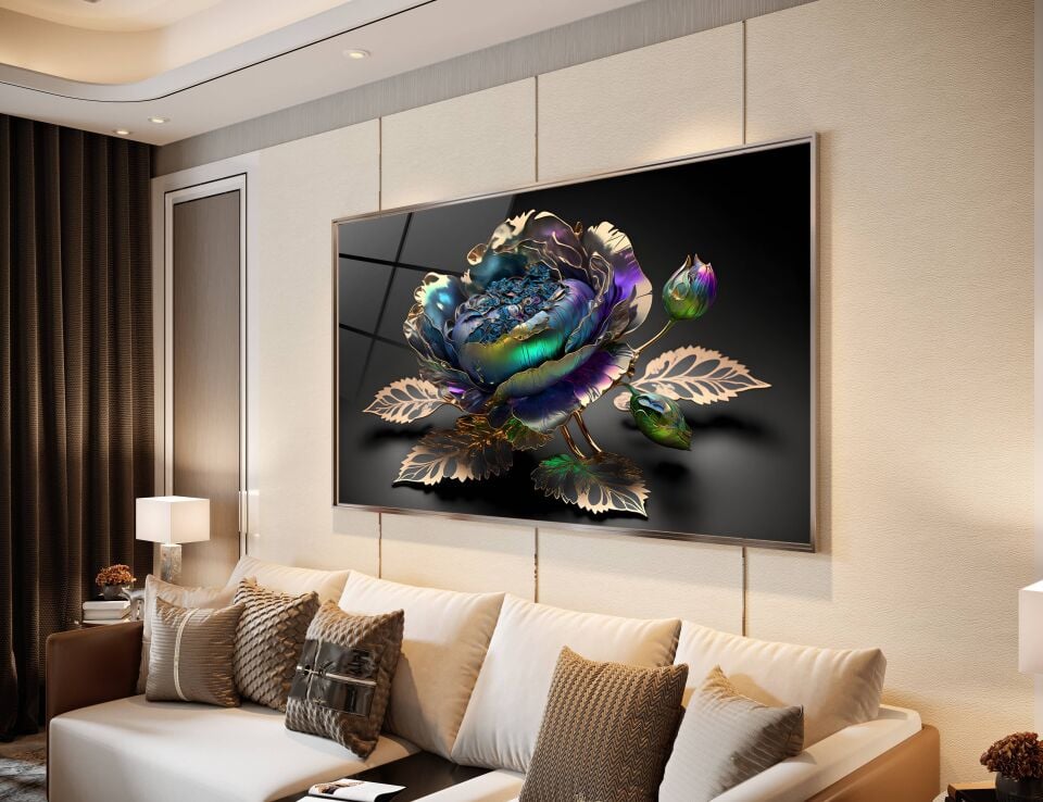 3D Altın ve Renkli Çiçek Desenli Modern Cam Tablo | CF0367