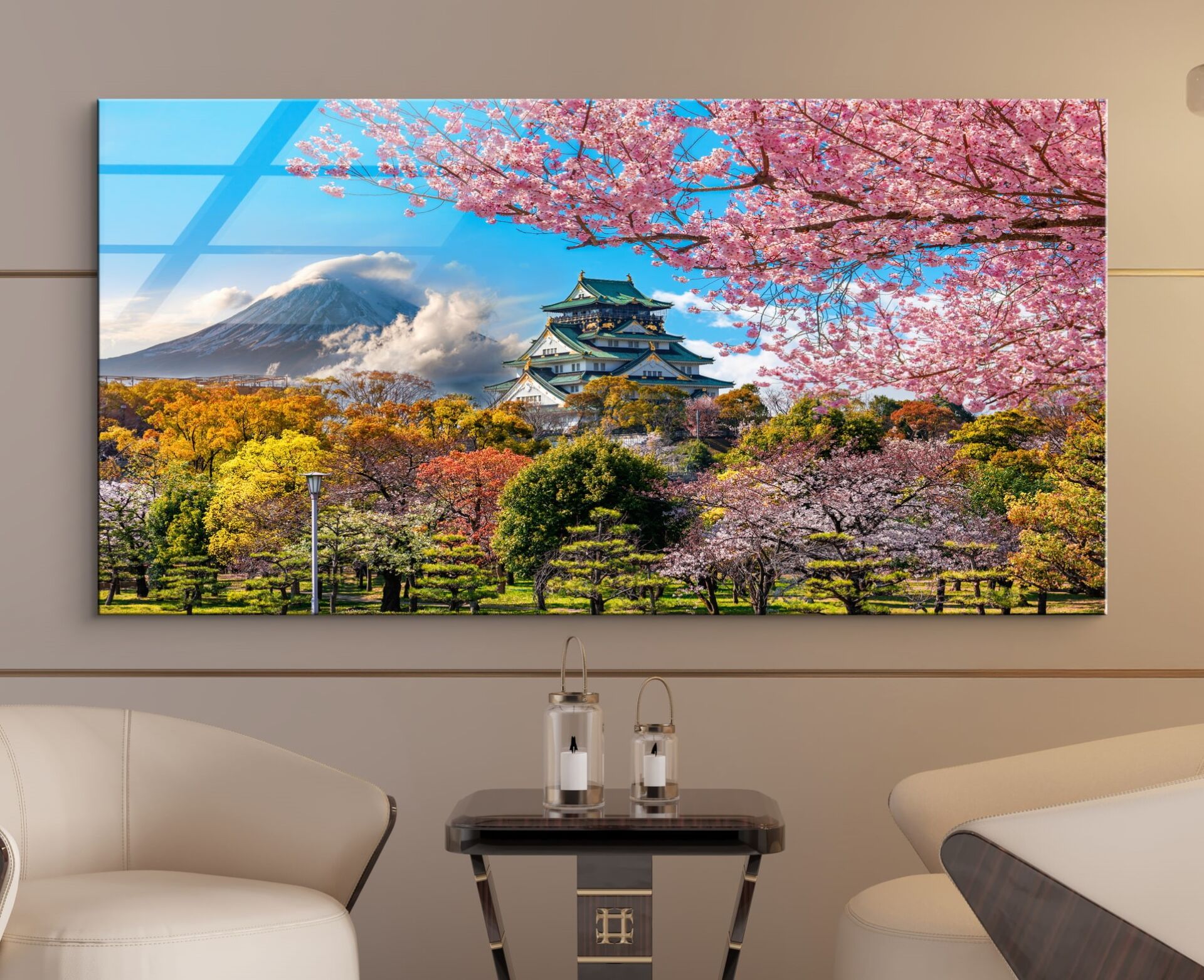 Japon Manzaralı Fuji Dağı ve Sakura Ağaçları Cam Tablo – Doğayla Bütünleşen Dekoratif Duvar Sanatı | CF0649