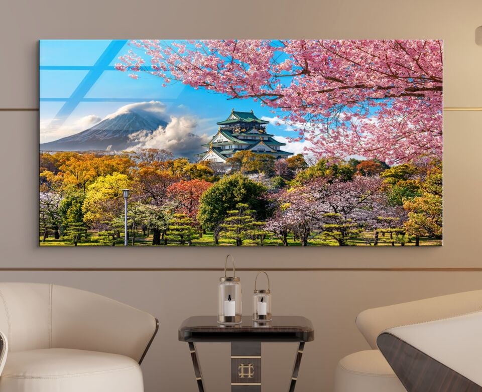 Japon Manzaralı Fuji Dağı ve Sakura Ağaçları Cam Tablo – Doğayla Bütünleşen Dekoratif Duvar Sanatı | CF0649