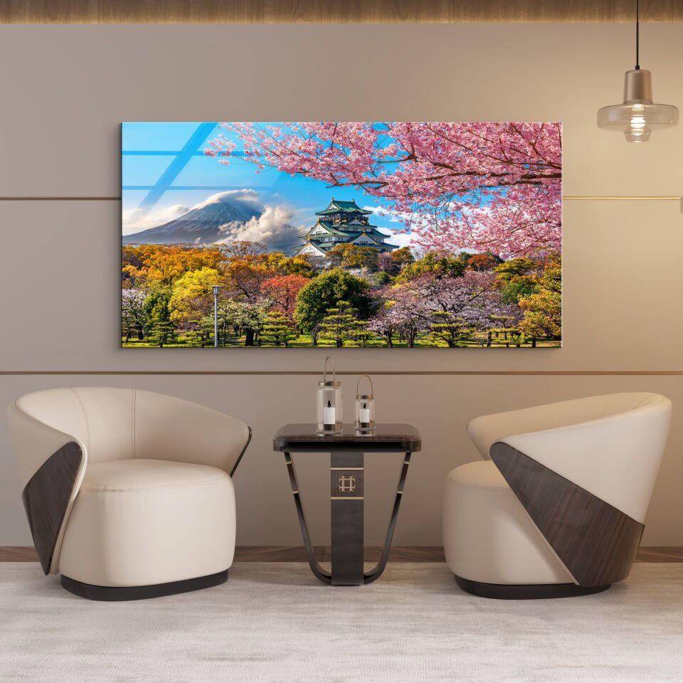 Japon Manzaralı Fuji Dağı ve Sakura Ağaçları Cam Tablo – Doğayla Bütünleşen Dekoratif Duvar Sanatı | CF0649