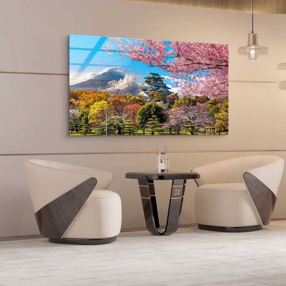 Japon Manzaralı Fuji Dağı ve Sakura Ağaçları Cam Tablo – Doğayla Bütünleşen Dekoratif Duvar Sanatı | CF0649