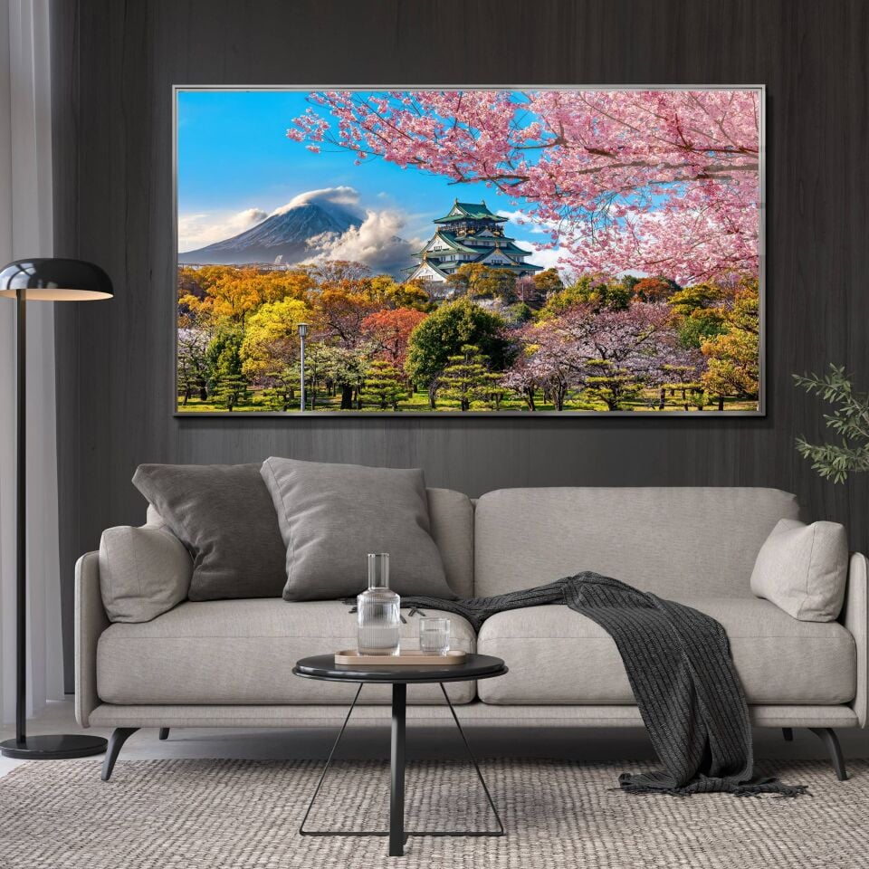 Japon Manzaralı Fuji Dağı ve Sakura Ağaçları Cam Tablo – Doğayla Bütünleşen Dekoratif Duvar Sanatı | CF0649