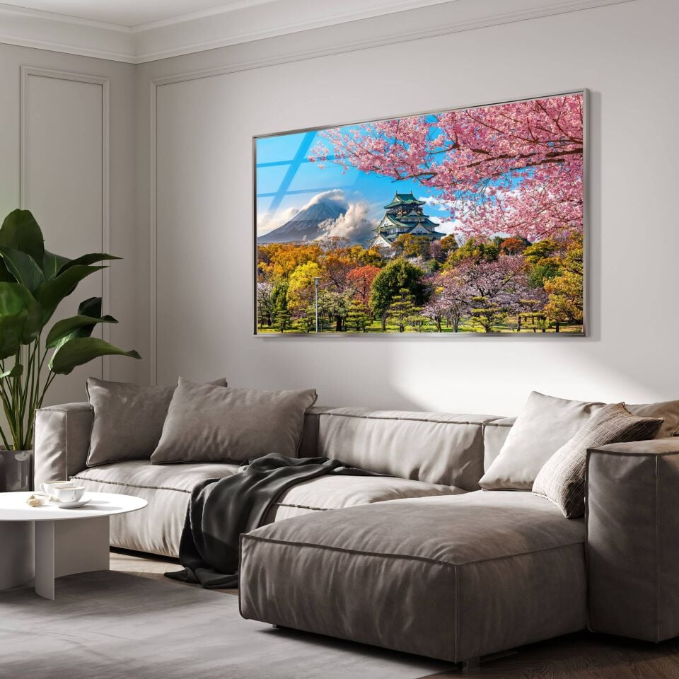 Japon Manzaralı Fuji Dağı ve Sakura Ağaçları Cam Tablo – Doğayla Bütünleşen Dekoratif Duvar Sanatı | CF0649