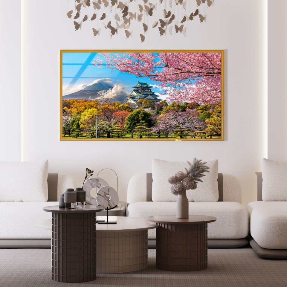 Japon Manzaralı Fuji Dağı ve Sakura Ağaçları Cam Tablo – Doğayla Bütünleşen Dekoratif Duvar Sanatı | CF0649