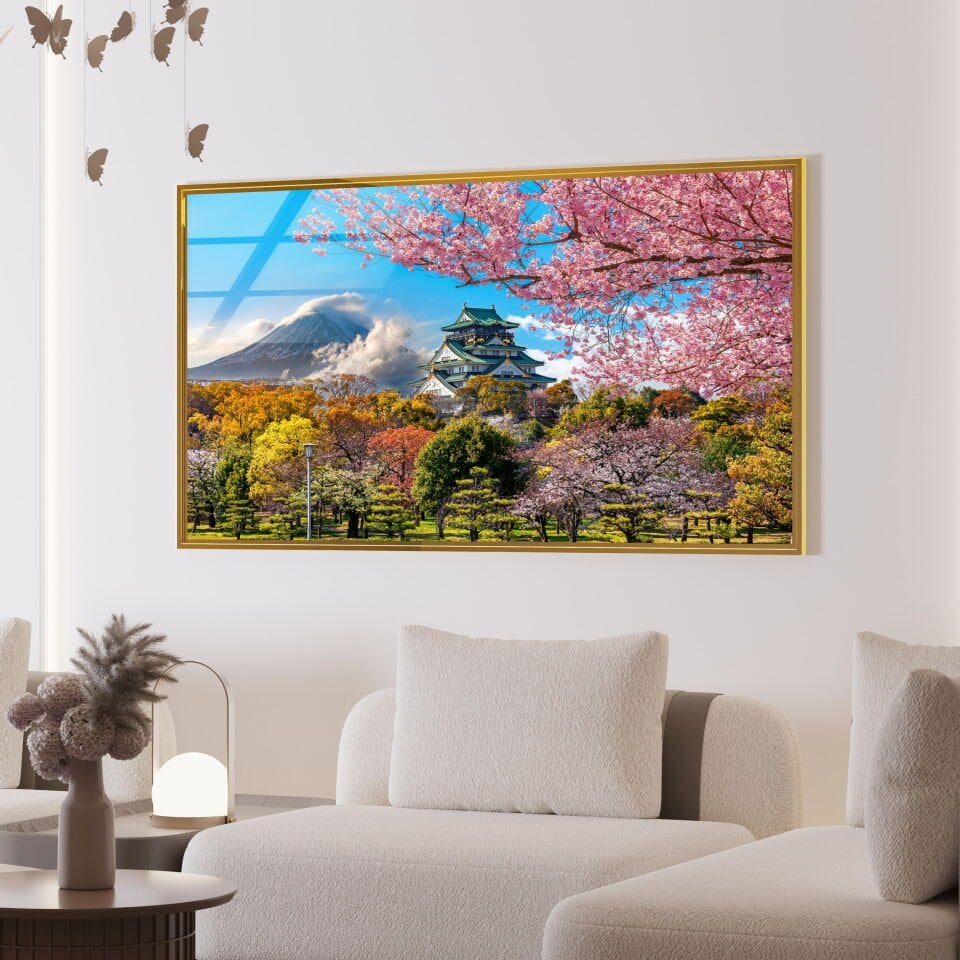 Japon Manzaralı Fuji Dağı ve Sakura Ağaçları Cam Tablo – Doğayla Bütünleşen Dekoratif Duvar Sanatı | CF0649