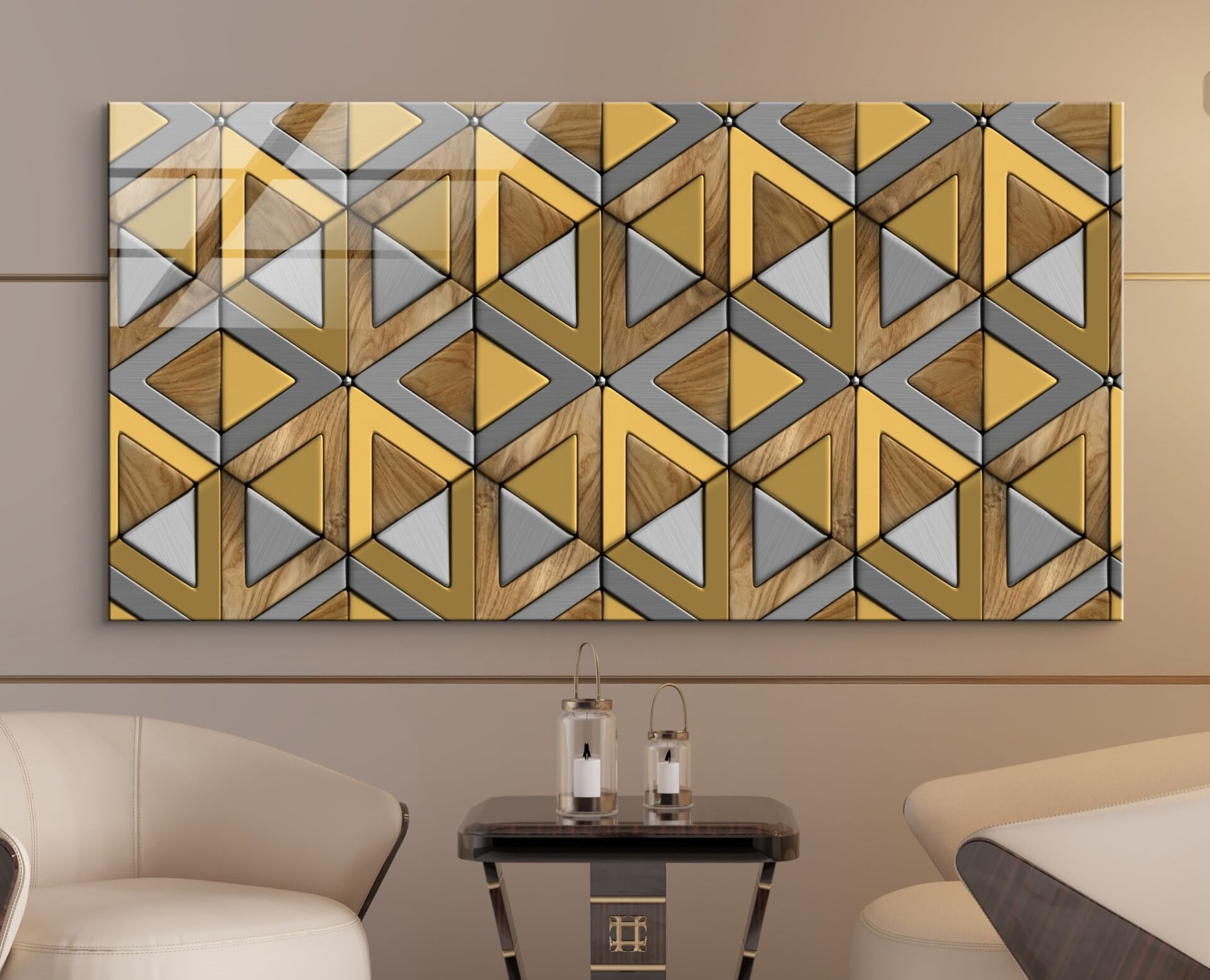 Modern Ahşap Geometrik Desenli Parlak Cam Tablo – Şık ve Lüks Duvar Dekoru | CF0650