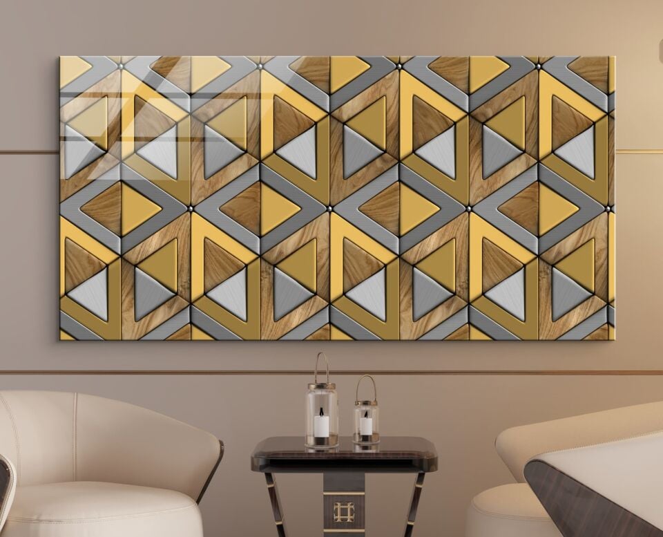 Modern Ahşap Geometrik Desenli Parlak Cam Tablo – Şık ve Lüks Duvar Dekoru | CF0650