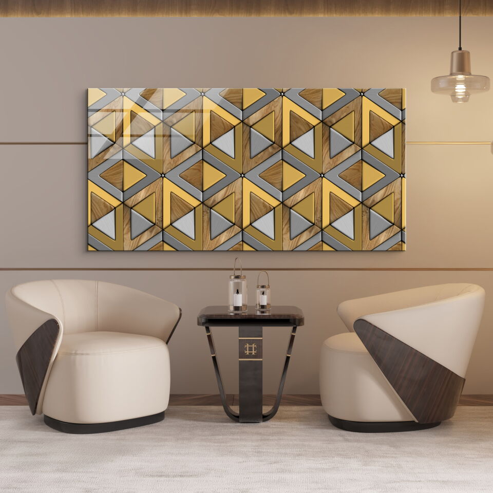 Modern Ahşap Geometrik Desenli Parlak Cam Tablo – Şık ve Lüks Duvar Dekoru | CF0650