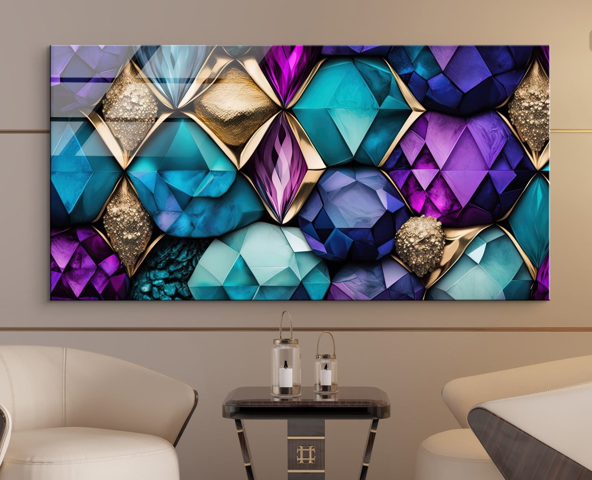 Mor ve Altın Geometrik Desenli Modern Cam Tablo | CF0868