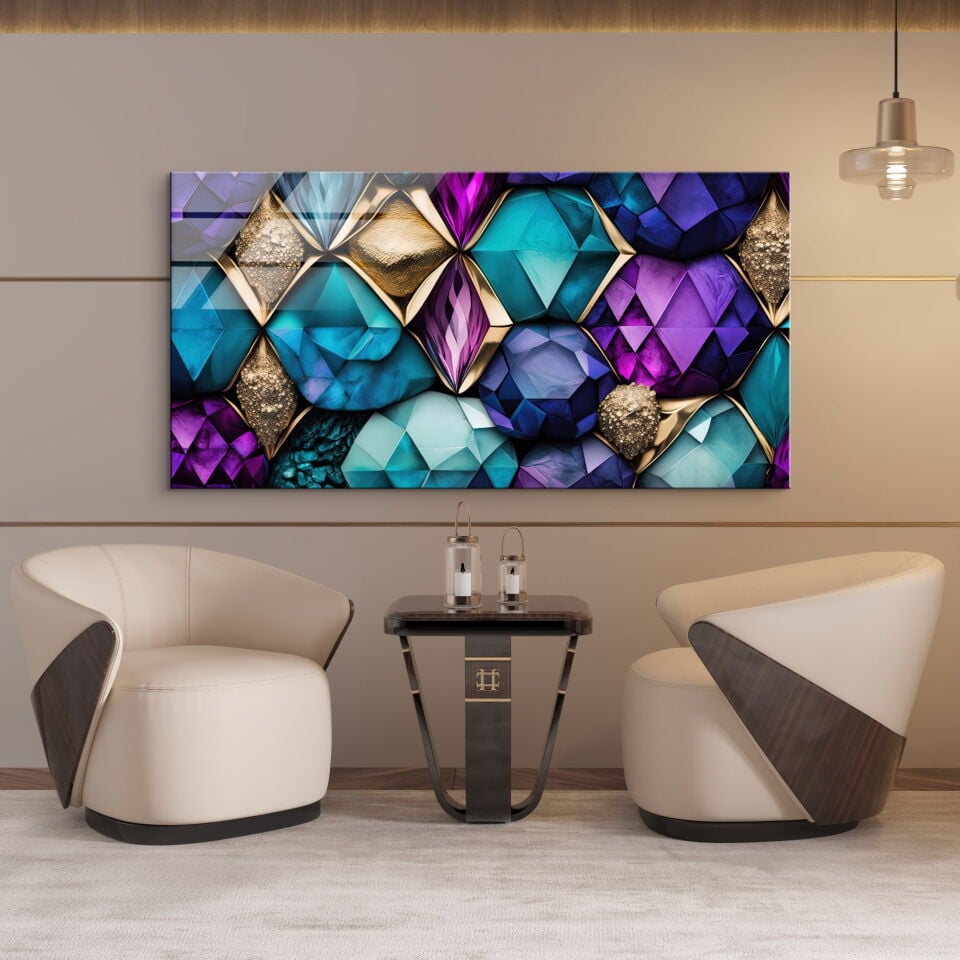 Mor ve Altın Geometrik Desenli Modern Cam Tablo | CF0868
