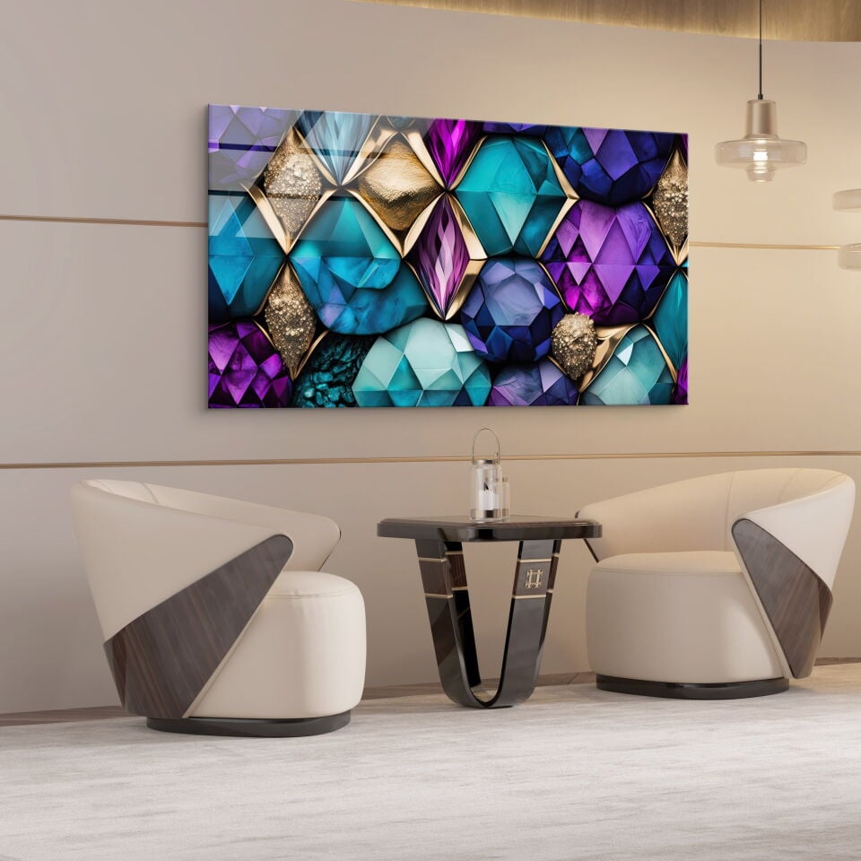 Mor ve Altın Geometrik Desenli Modern Cam Tablo | CF0868