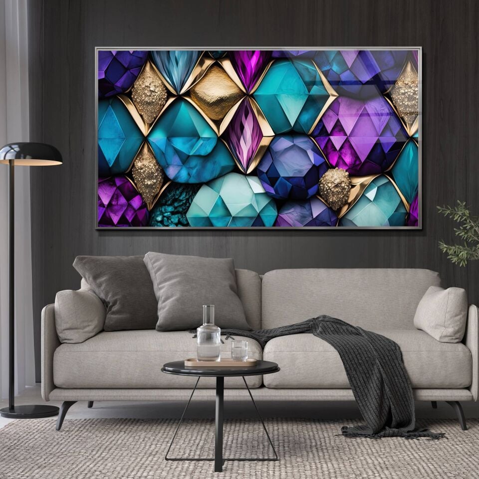 Mor ve Altın Geometrik Desenli Modern Cam Tablo | CF0868