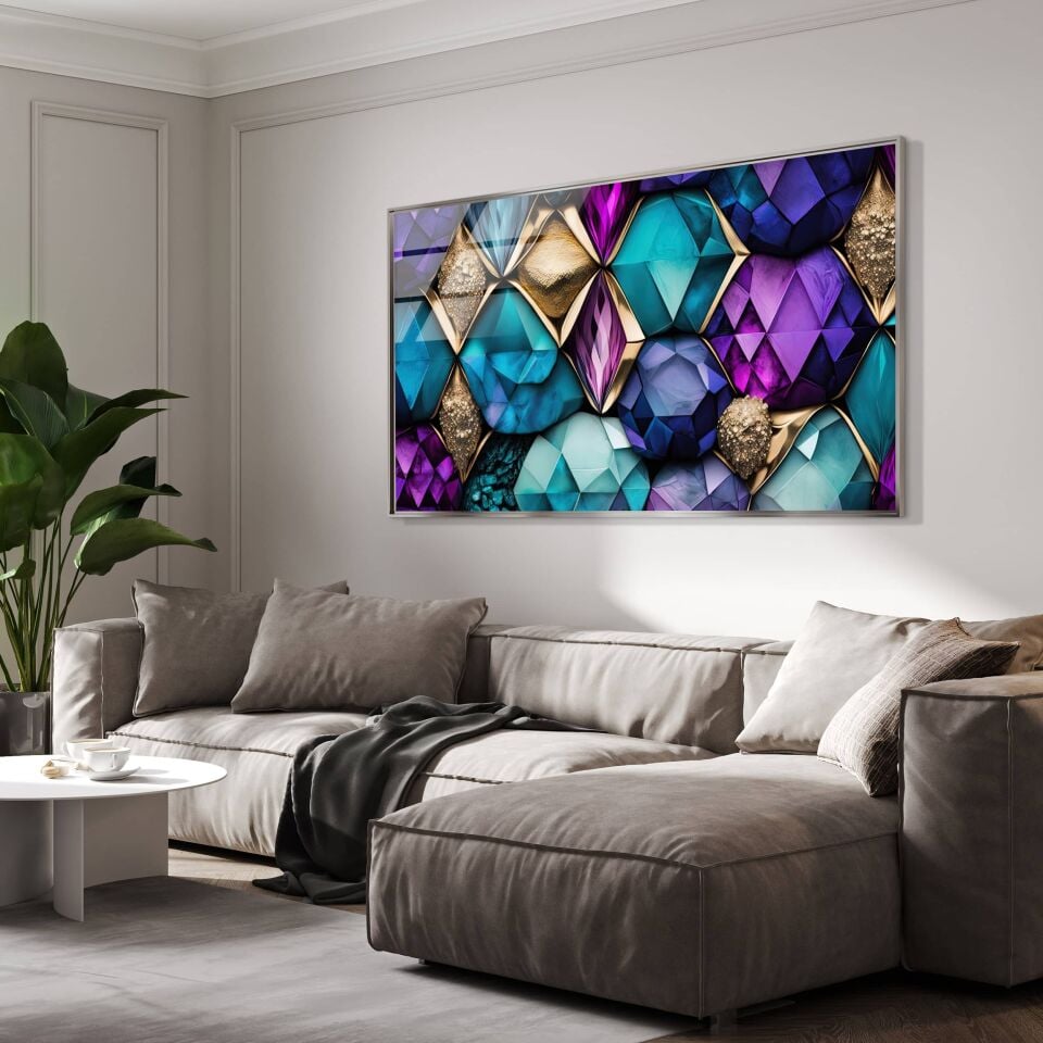 Mor ve Altın Geometrik Desenli Modern Cam Tablo | CF0868