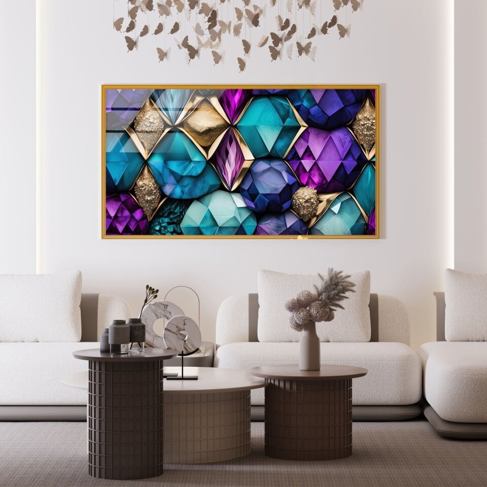 Mor ve Altın Geometrik Desenli Modern Cam Tablo | CF0868