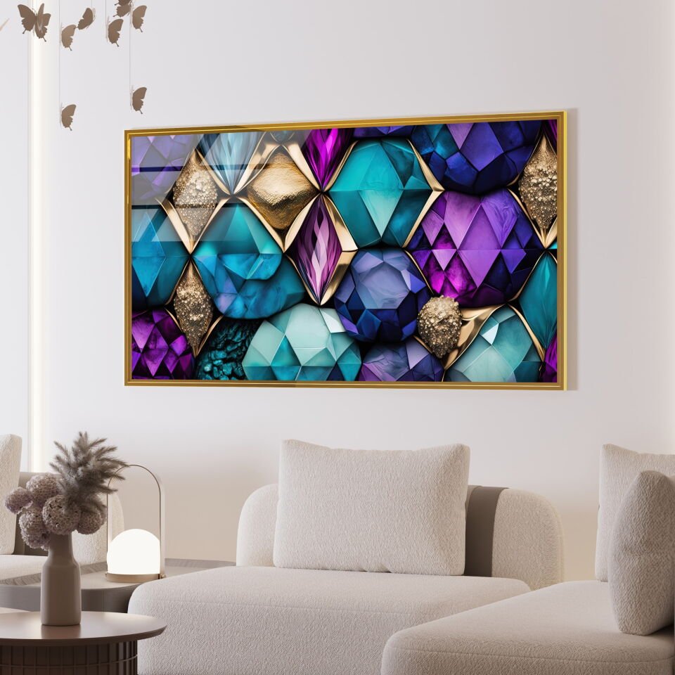 Mor ve Altın Geometrik Desenli Modern Cam Tablo | CF0868