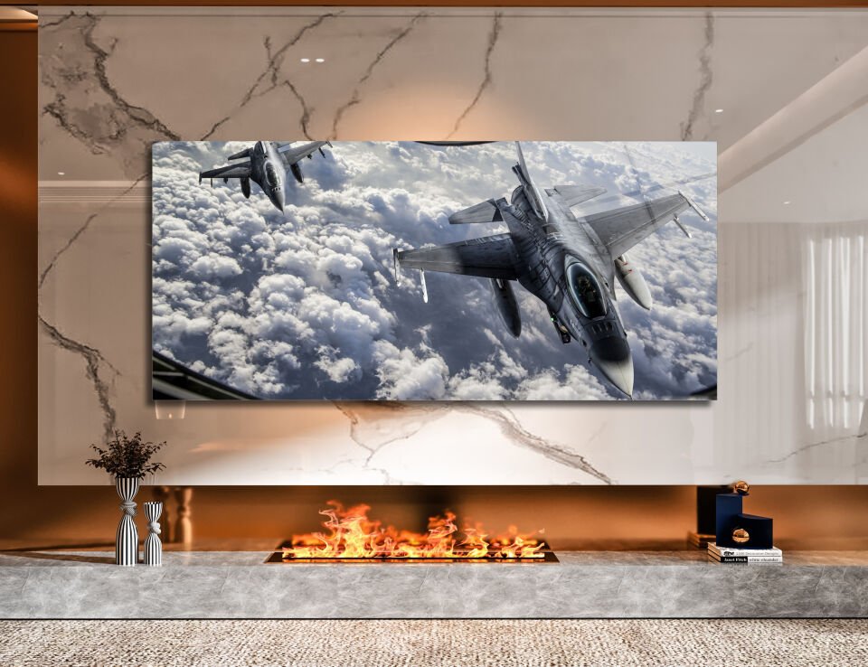 F-16 Savaş Uçağı Gökyüzünde Cam Tablo | CF0027