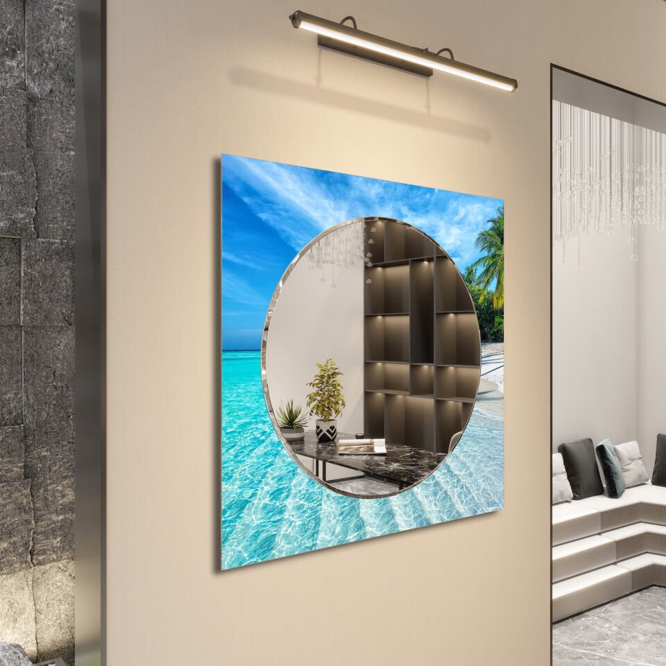 Tropik Deniz Manzaralı Dekoratif Cam Ayna – Modern ve Şık Duvar Dekoru | CFM0001-KARE