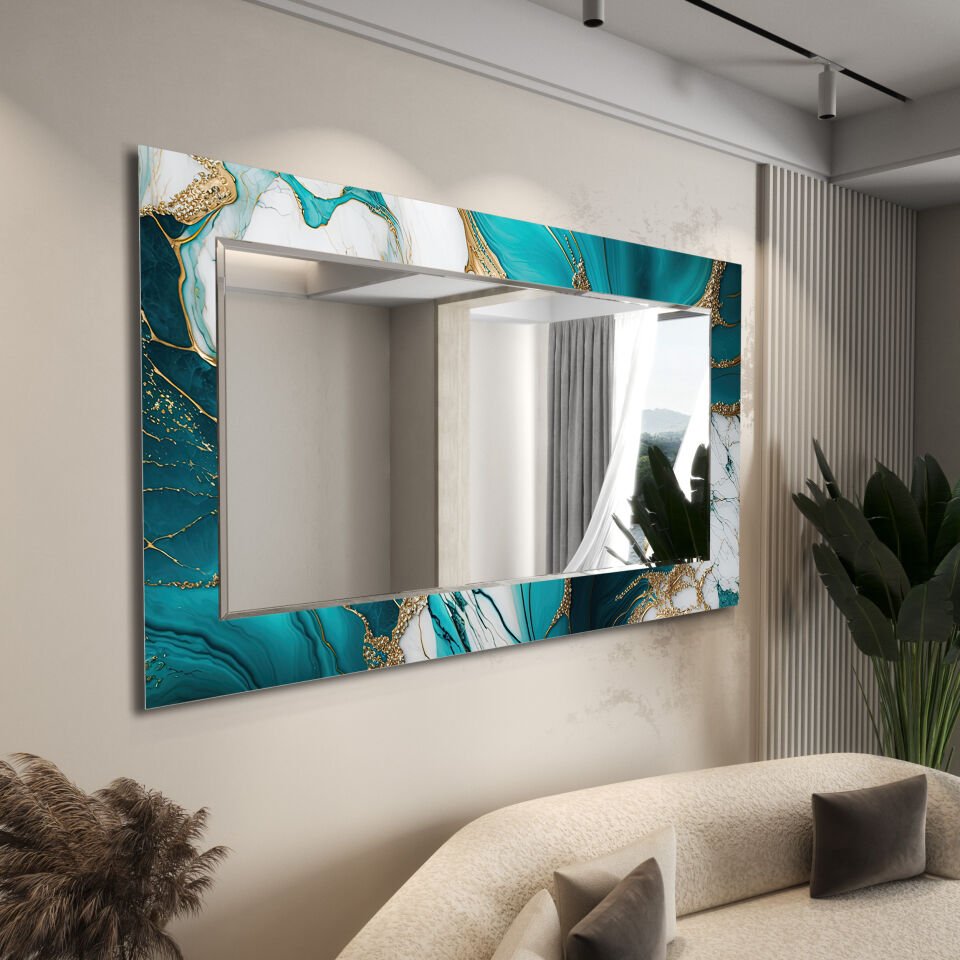 Yeşil Mermer Desenli Dekoratif Cam Ayna – Altın Detaylı Modern Duvar Aynası | CFM0005-YATAY