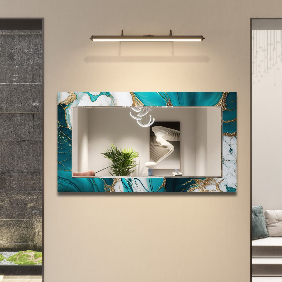 Yeşil Mermer Desenli Dekoratif Cam Ayna – Altın Detaylı Modern Duvar Aynası | CFM0005-YATAY