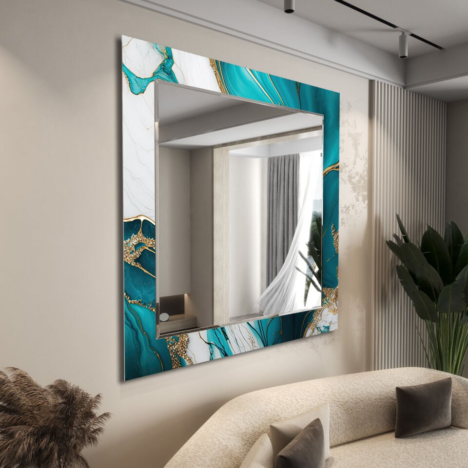 Yeşil Mermer Desenli Dekoratif Cam Ayna – Altın Detaylı Modern Duvar Aynası | CFM0005-KARE
