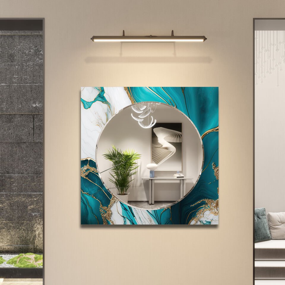 Yeşil Mermer Desenli Dekoratif Cam Ayna – Altın Detaylı Modern Duvar Aynası | CFM0005-KARE