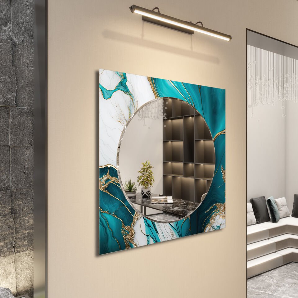 Yeşil Mermer Desenli Dekoratif Cam Ayna – Altın Detaylı Modern Duvar Aynası | CFM0005-KARE
