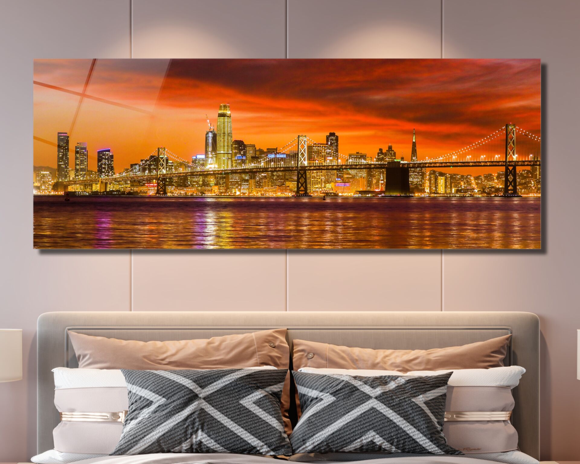 Kızıl Gün Batımı ve Işıklarla San Francisco Manzarası Cam Tablo | CF0107