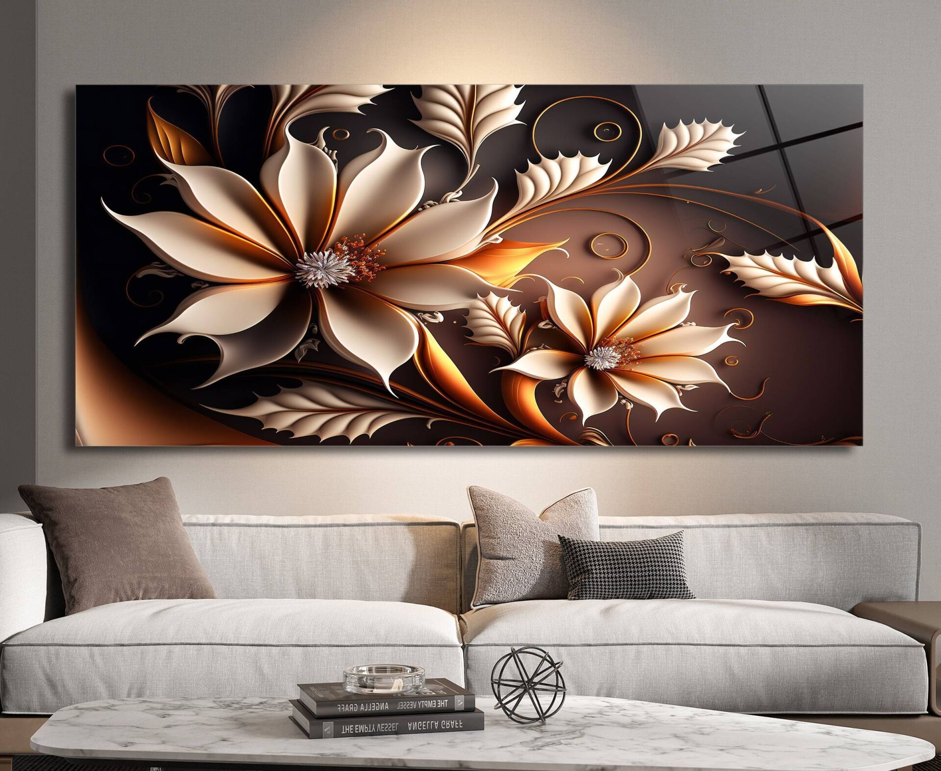 Krem ve Sarı Çiçek Desenli Lüks Cam Tablo | CF0368