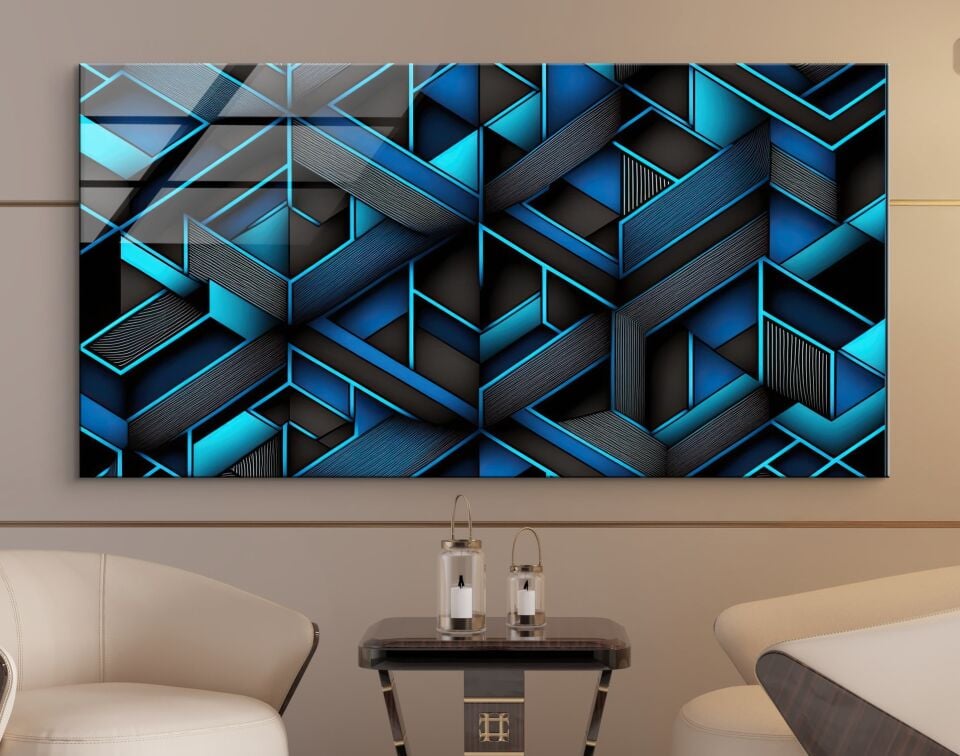 Geometrik Derinlik – Mavi Siyah Modern Desenli Cam Tablo | CF0810