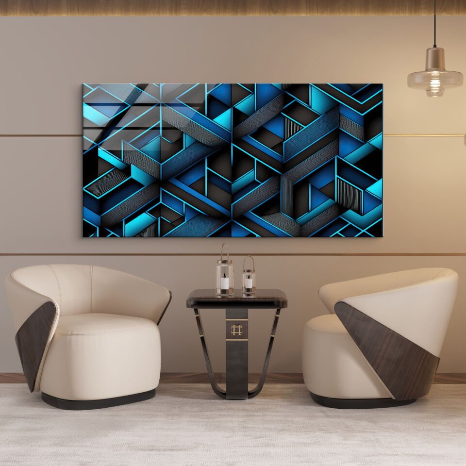 Geometrik Derinlik – Mavi Siyah Modern Desenli Cam Tablo | CF0810