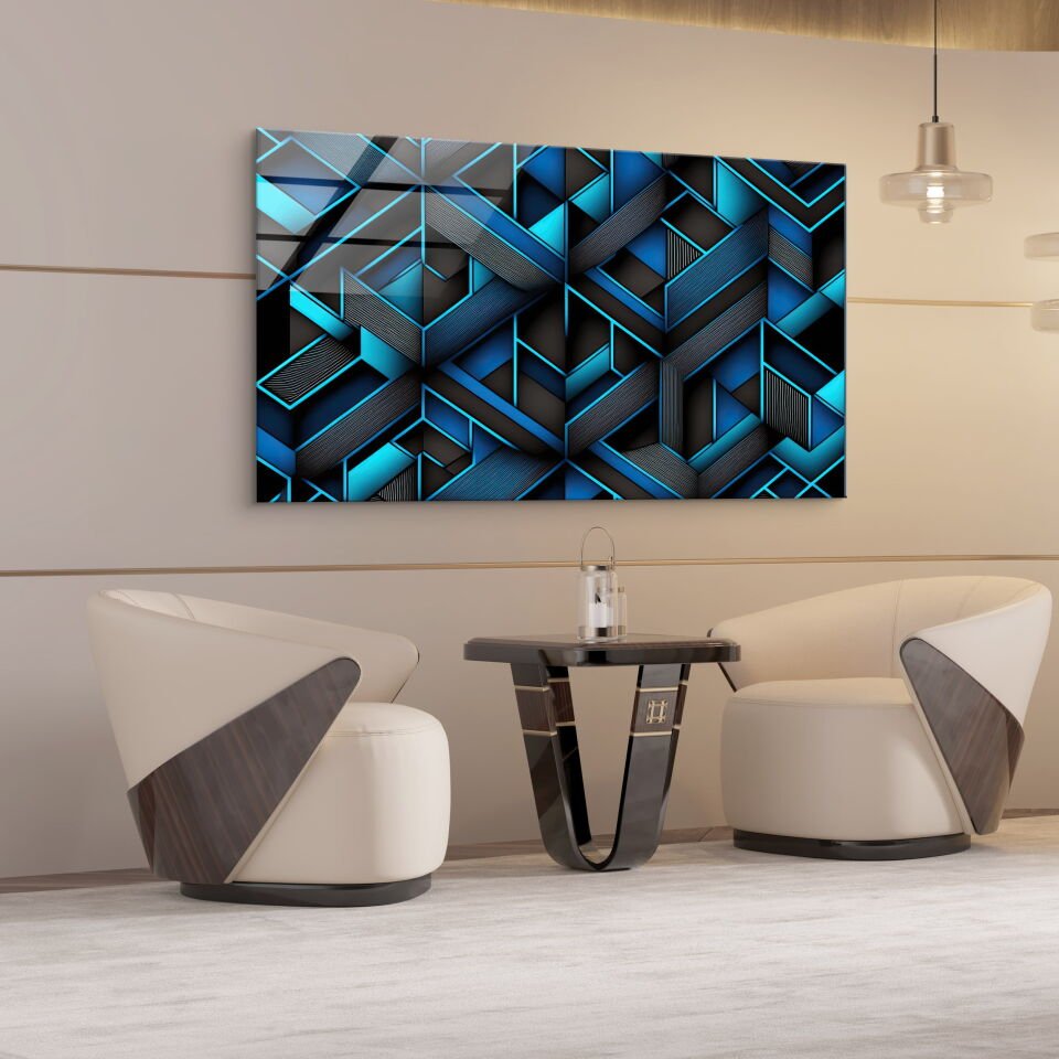 Geometrik Derinlik – Mavi Siyah Modern Desenli Cam Tablo | CF0810