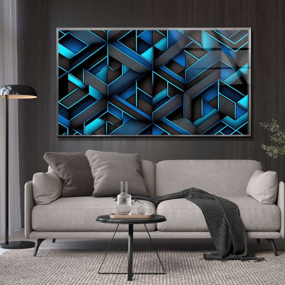 Geometrik Derinlik – Mavi Siyah Modern Desenli Cam Tablo | CF0810