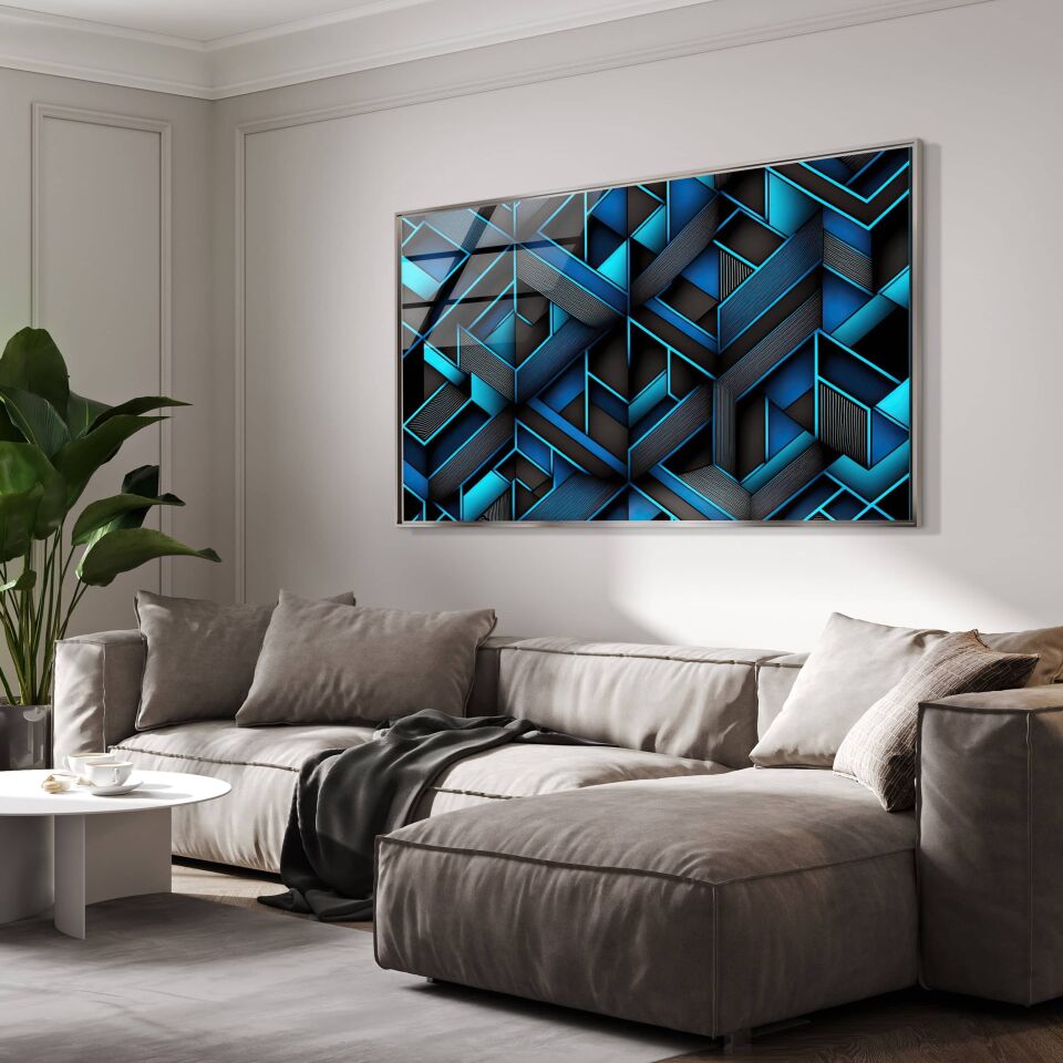 Geometrik Derinlik – Mavi Siyah Modern Desenli Cam Tablo | CF0810