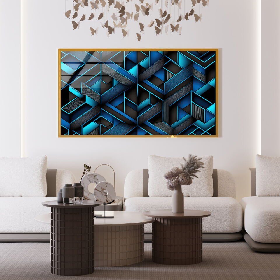 Geometrik Derinlik – Mavi Siyah Modern Desenli Cam Tablo | CF0810