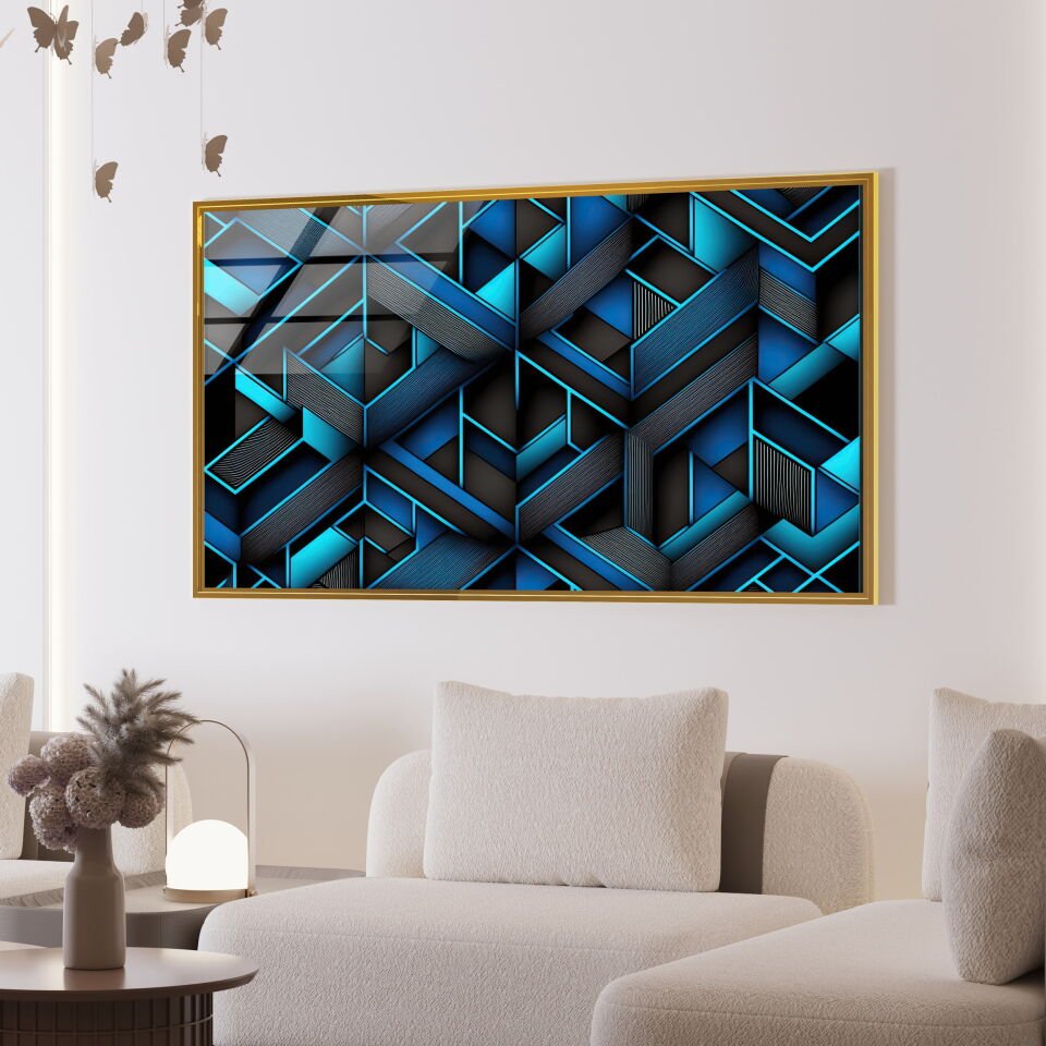 Geometrik Derinlik – Mavi Siyah Modern Desenli Cam Tablo | CF0810