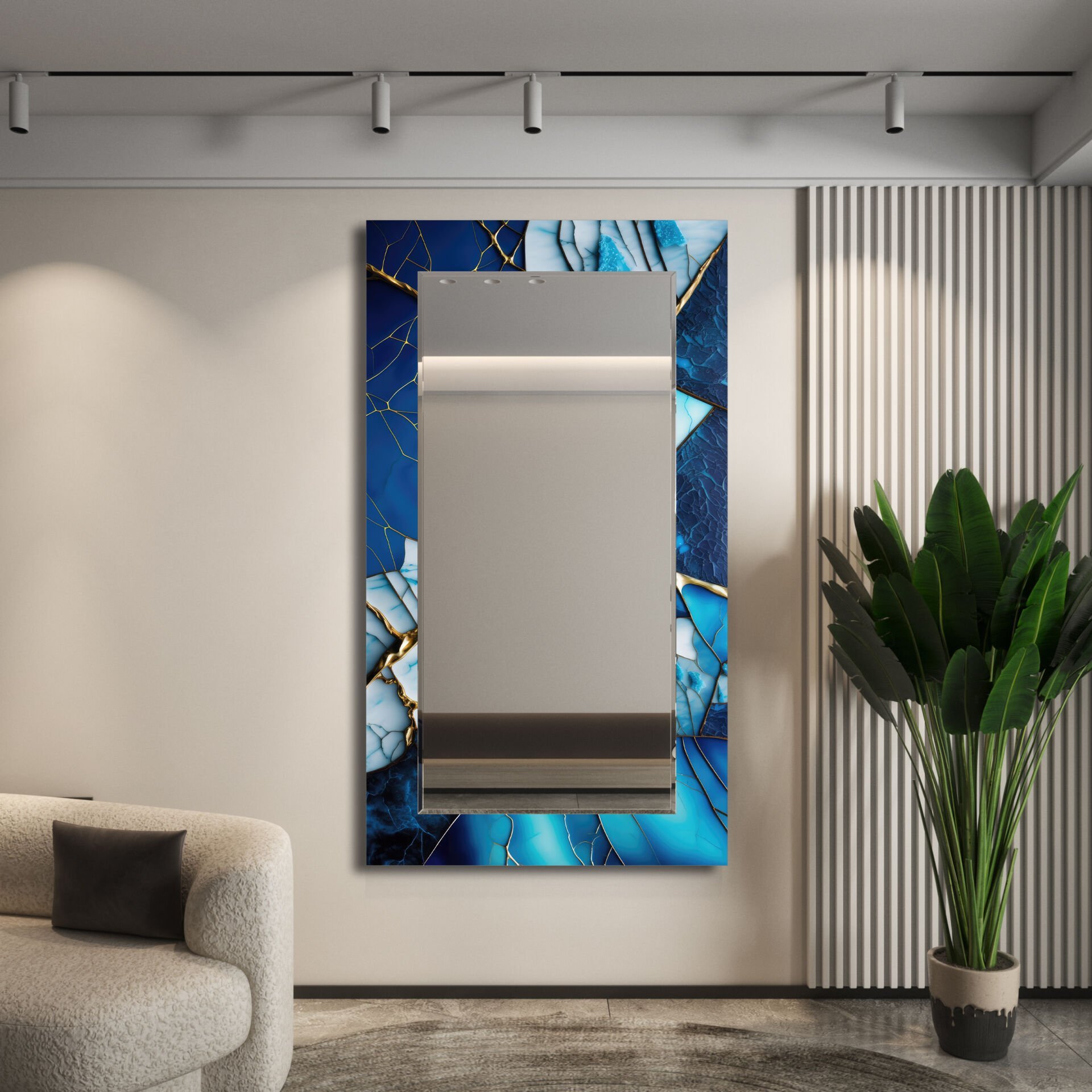Mavi Mermer Desenli Modern Dekoratif Duvar Aynası | CFM-0013-Dikey